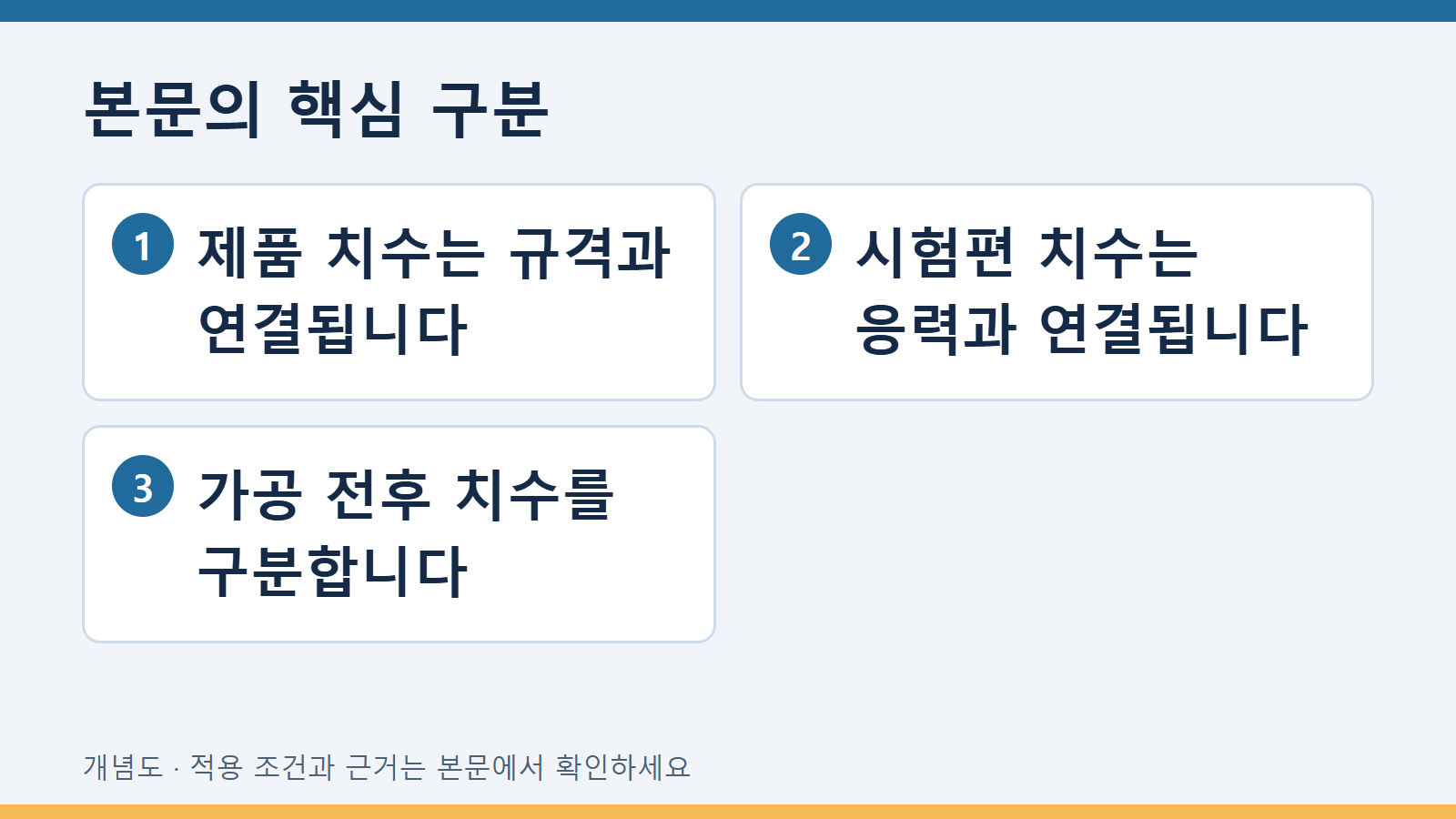 본문의 핵심 구분: 제품 치수는 규격과 연결됩니다 · 시험편 치수는 응력과 연결됩니다 · 가공 전후 치수를 구분합니다
