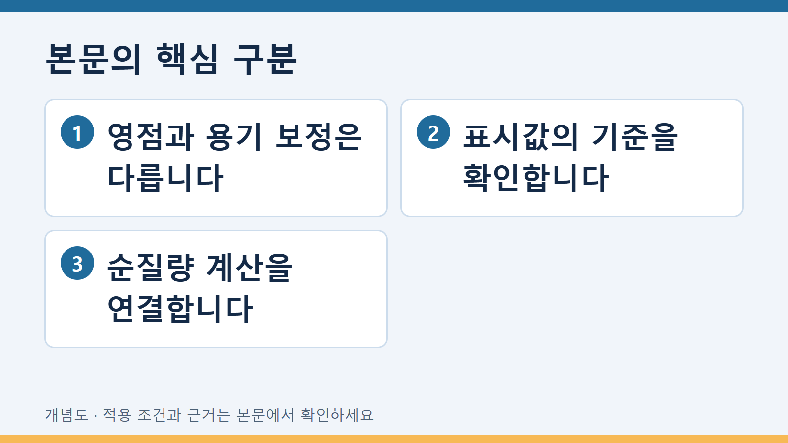 본문의 핵심 구분: 영점과 용기 보정은 다릅니다 · 표시값의 기준을 확인합니다 · 순질량 계산을 연결합니다