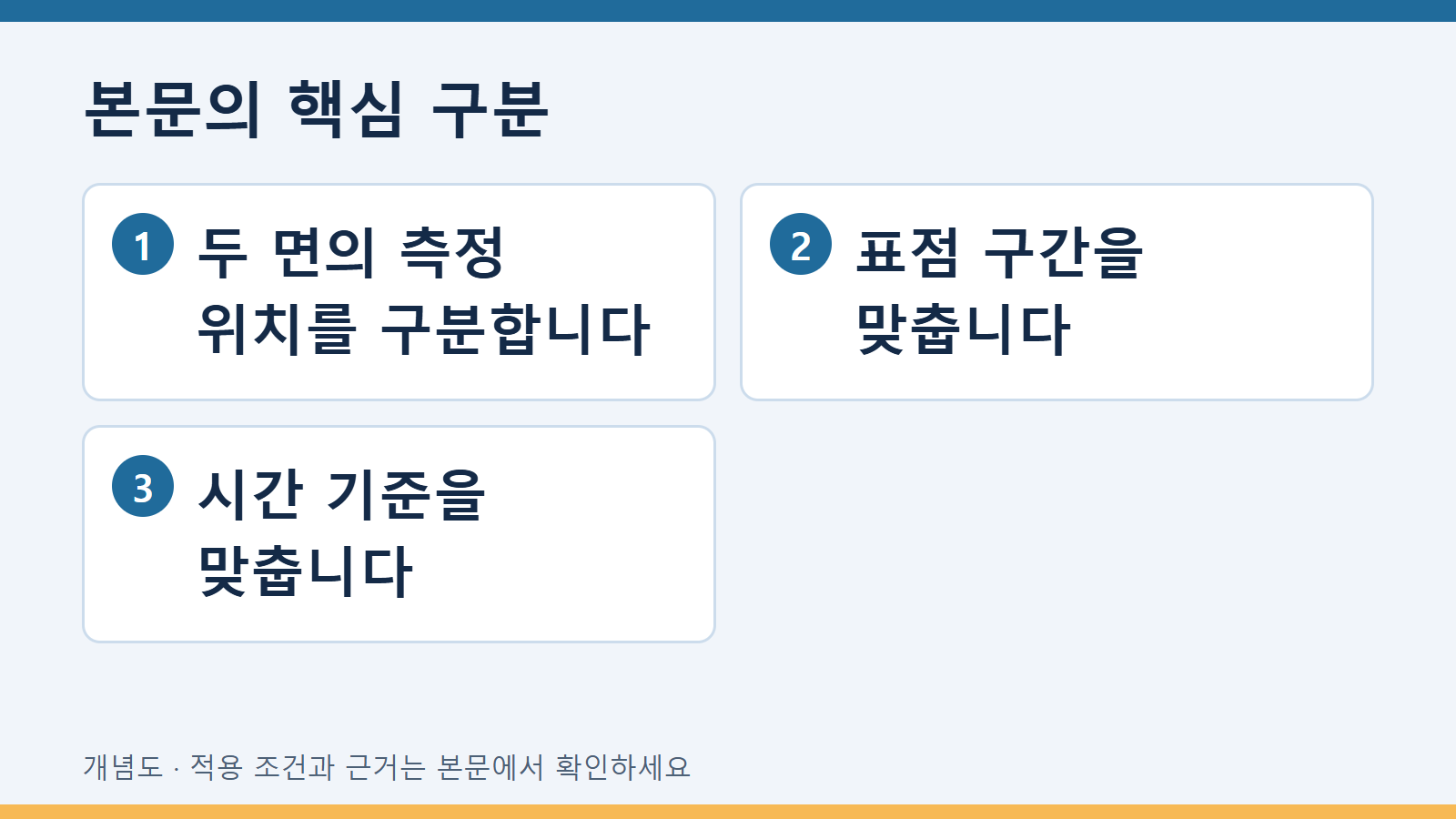 본문의 핵심 구분: 두 면의 측정 위치를 구분합니다 · 표점 구간을 맞춥니다 · 시간 기준을 맞춥니다