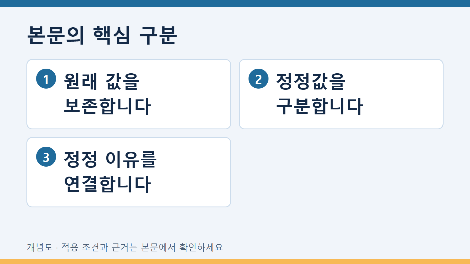 본문의 핵심 구분: 원래 값을 보존합니다 · 정정값을 구분합니다 · 정정 이유를 연결합니다