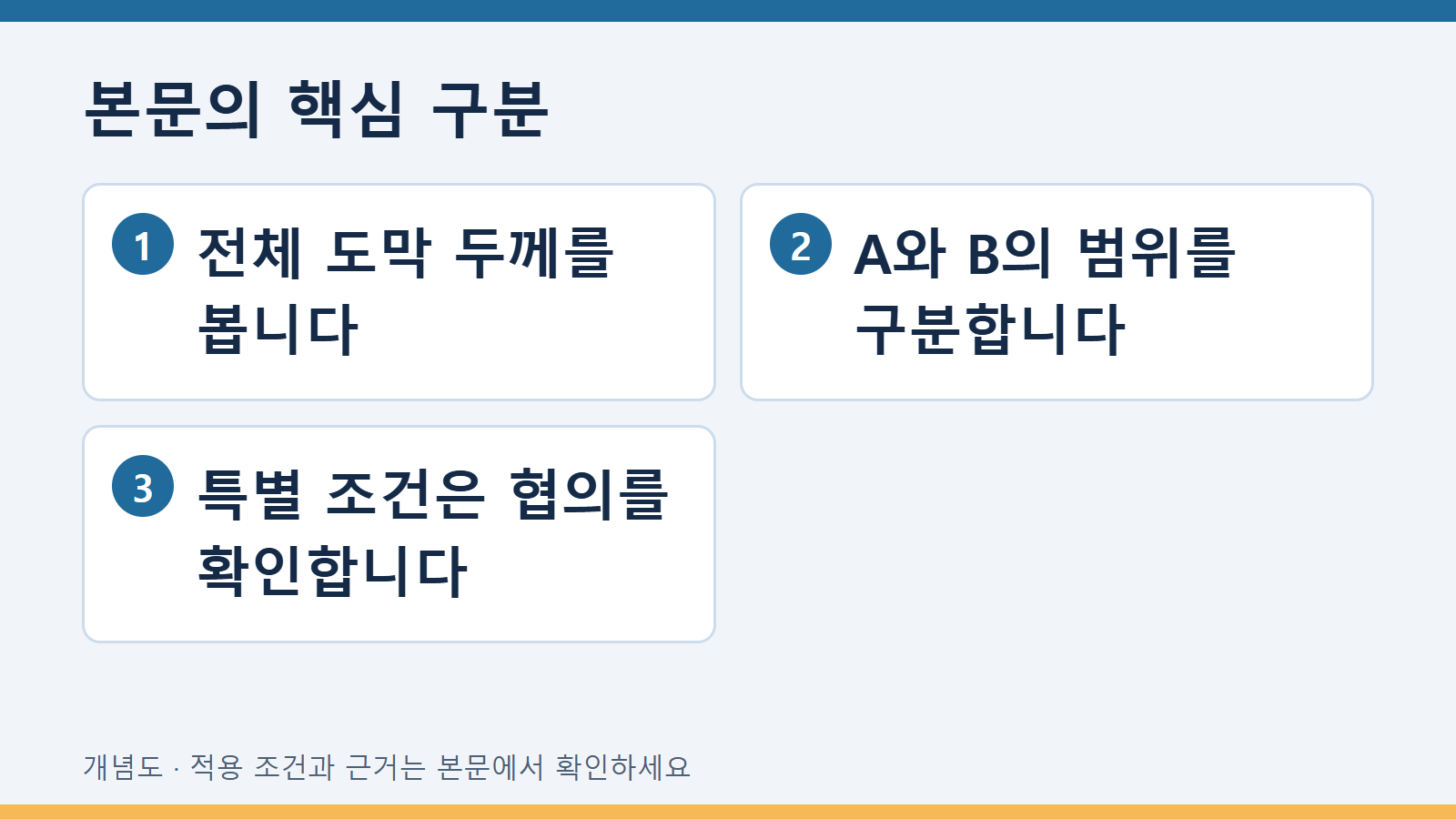 본문의 핵심 구분: 전체 도막 두께를 봅니다 · A와 B의 범위를 구분합니다 · 특별 조건은 협의를 확인합니다