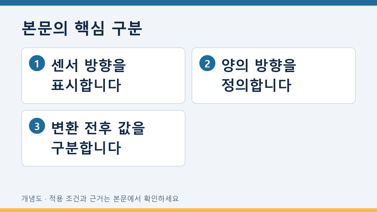 변위센서 장착 방향이 바뀐 데이터의 부호 정리 2 본문의 핵심 구분: 센서 방향을 표시합니다 · 양의 방향을 정의합니다 · 변환 전후 값을 구분합니다