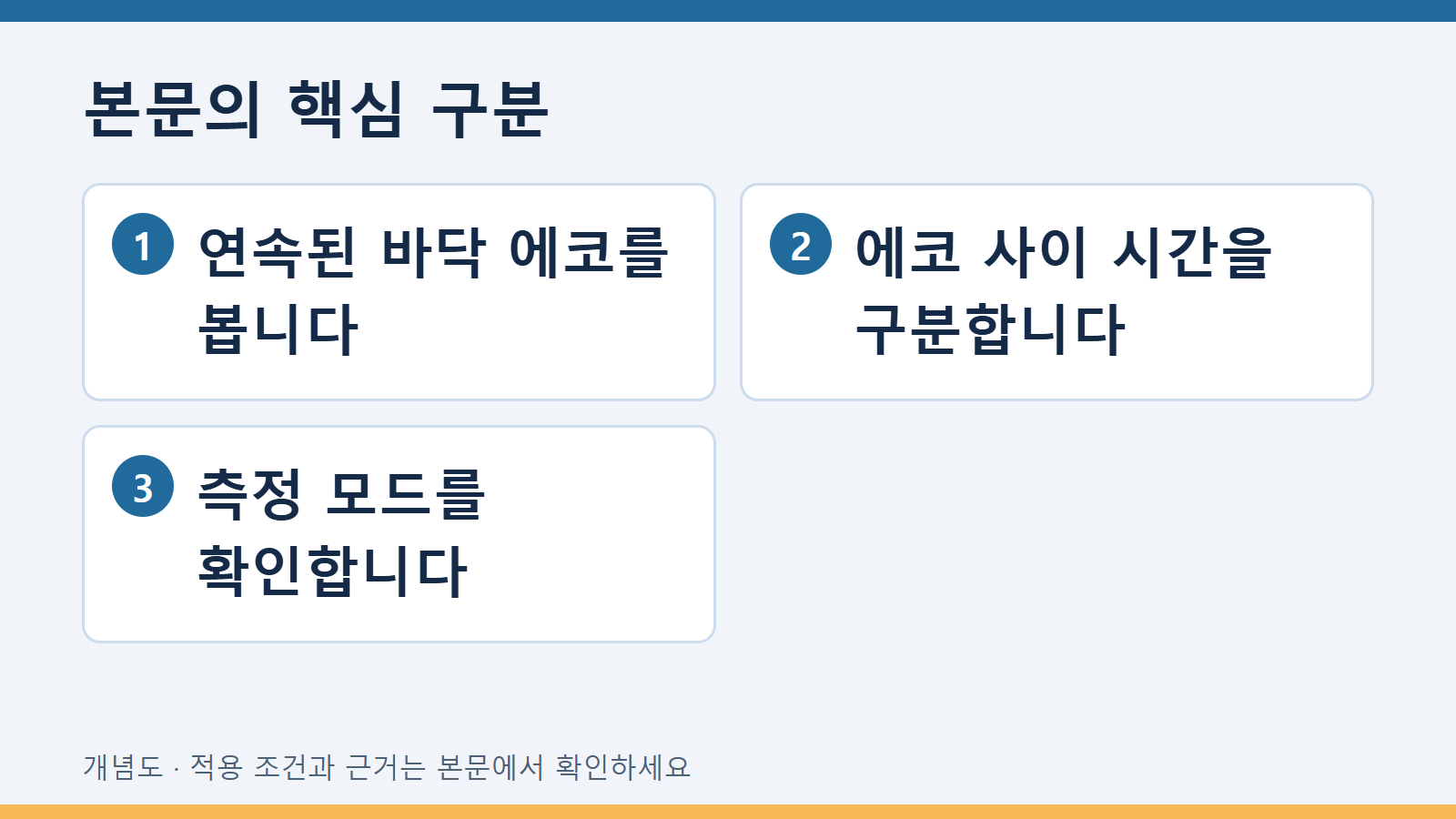 본문의 핵심 구분: 연속된 바닥 에코를 봅니다 · 에코 사이 시간을 구분합니다 · 측정 모드를 확인합니다