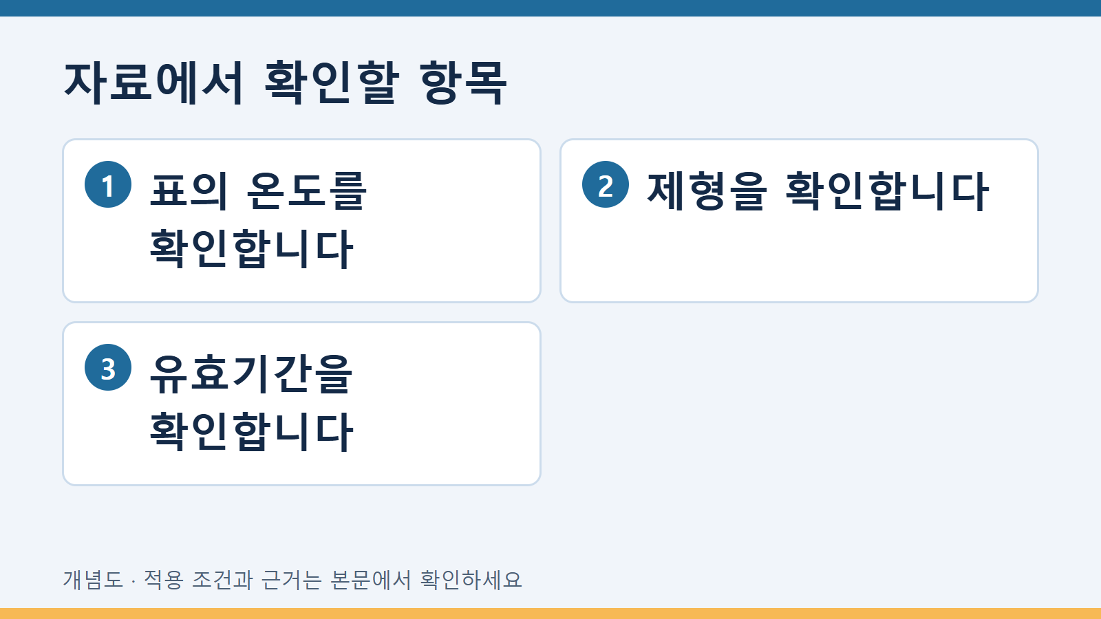 자료에서 확인할 항목: 표의 온도를 확인합니다 · 제형을 확인합니다 · 유효기간을 확인합니다