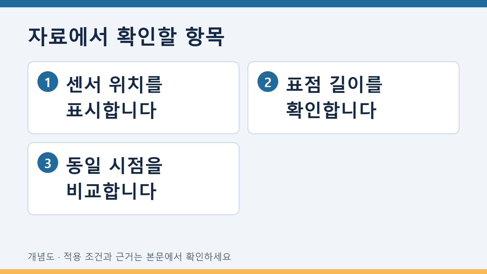 자료에서 확인할 항목: 센서 위치를 표시합니다 · 표점 길이를 확인합니다 · 동일 시점을 비교합니다