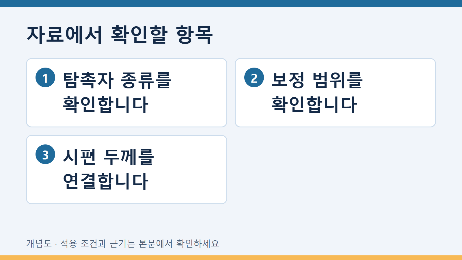 자료에서 확인할 항목: 탐촉자 종류를 확인합니다 · 보정 범위를 확인합니다 · 시편 두께를 연결합니다