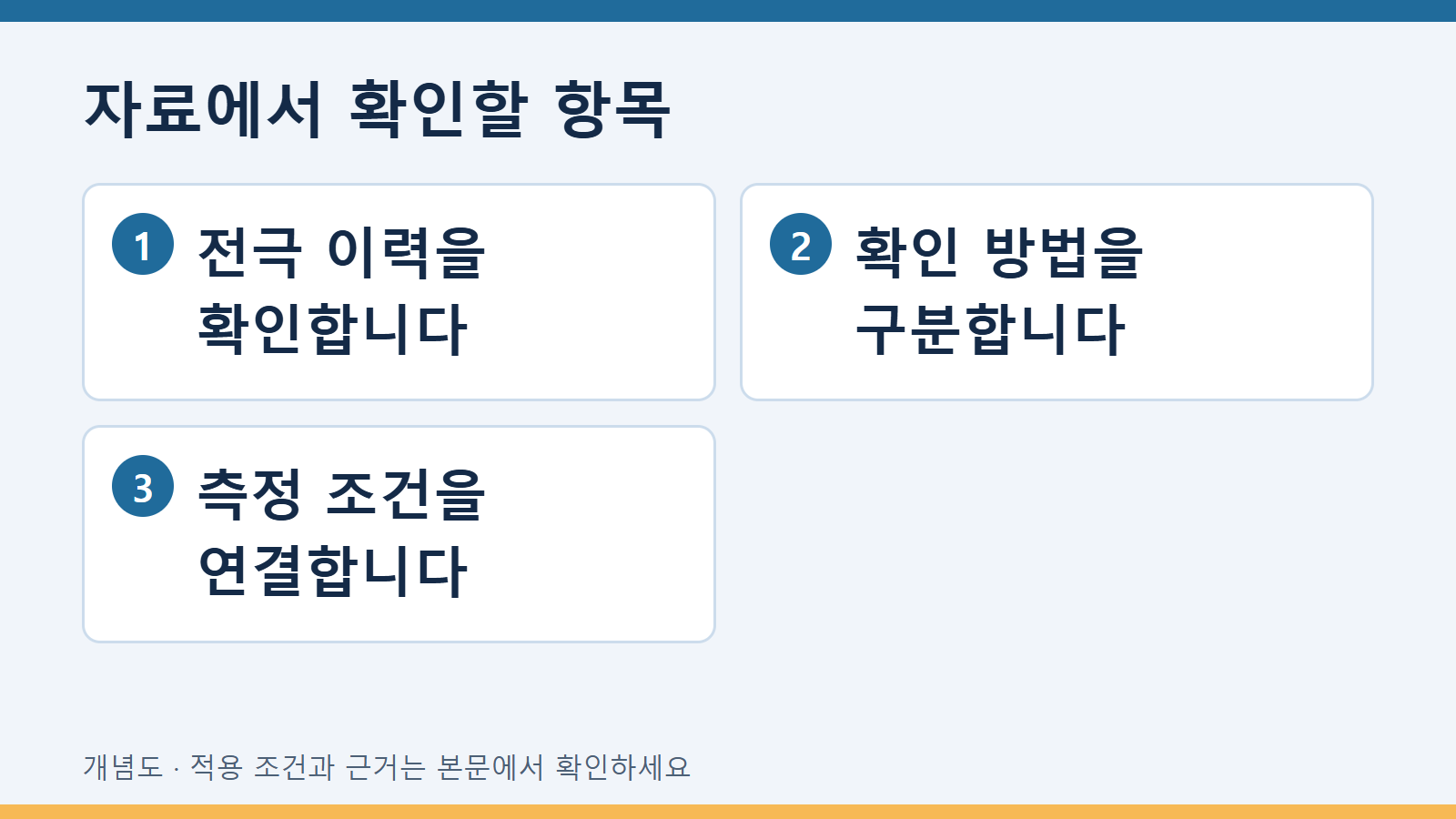 자료에서 확인할 항목: 전극 이력을 확인합니다 · 확인 방법을 구분합니다 · 측정 조건을 연결합니다