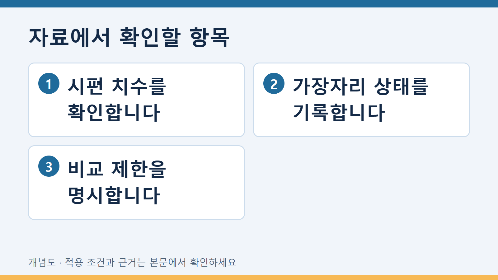 자료에서 확인할 항목: 시편 치수를 확인합니다 · 가장자리 상태를 기록합니다 · 비교 제한을 명시합니다