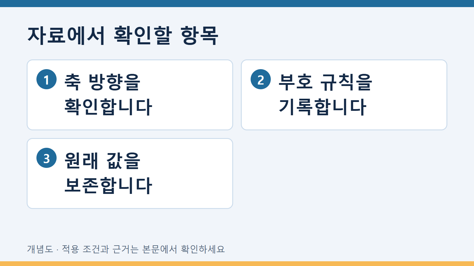 변위센서 장착 방향이 바뀐 데이터의 부호 정리 3 자료에서 확인할 항목: 축 방향을 확인합니다 · 부호 규칙을 기록합니다 · 원래 값을 보존합니다