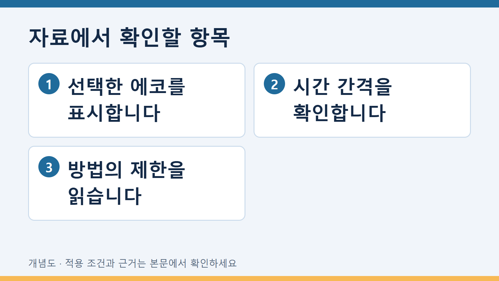 자료에서 확인할 항목: 선택한 에코를 표시합니다 · 시간 간격을 확인합니다 · 방법의 제한을 읽습니다